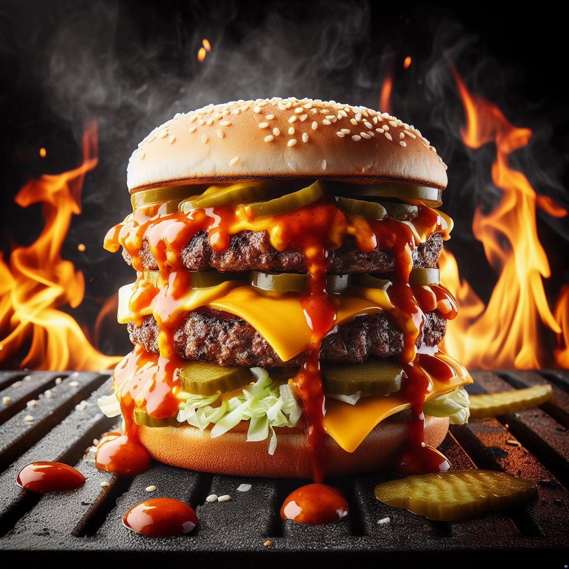 High-Volume Sandwich Inspiration: A towering burger with three patties, melted cheese, pickles, and dripping sauces, set against a backdrop of flames.